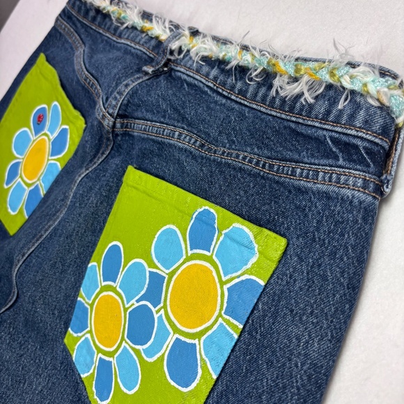 Old Navy Jeans Painted Mod Retro 70s Flower Blue Green High Rise Curvy Wide Leg - Picture 10 of 12